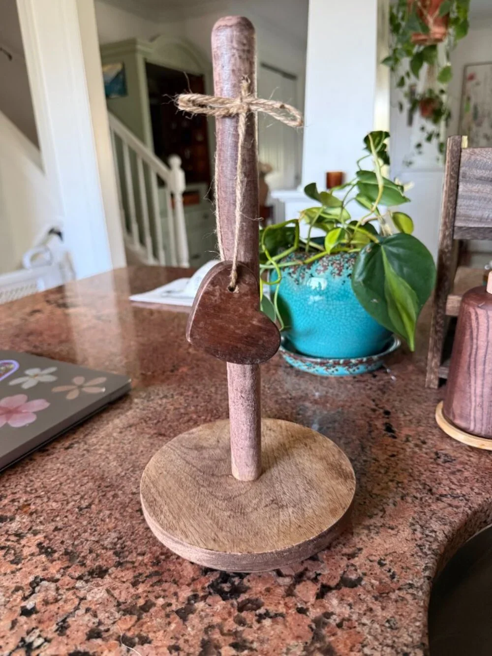 Handmade Rustic Farmhouse Wooden Paper Towel Holder Heart on Jute String Cottage - Picture 3 of 7